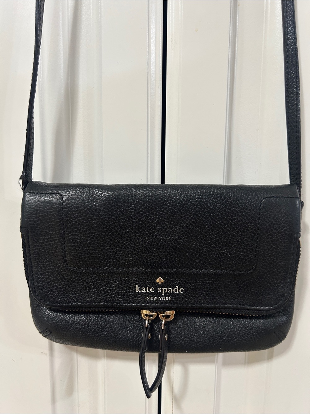 kate spade Black Pebbled Leather Flap Crossbody with Gold Hardware